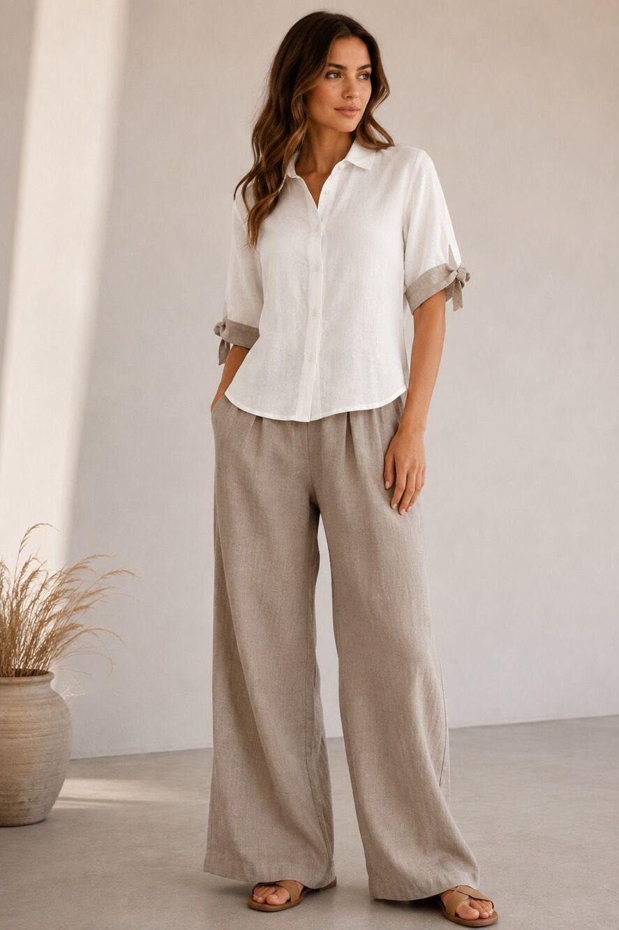 Puro Lino 100% Linen White Button Front Blouse Tie Sleeve Top Size S Italy